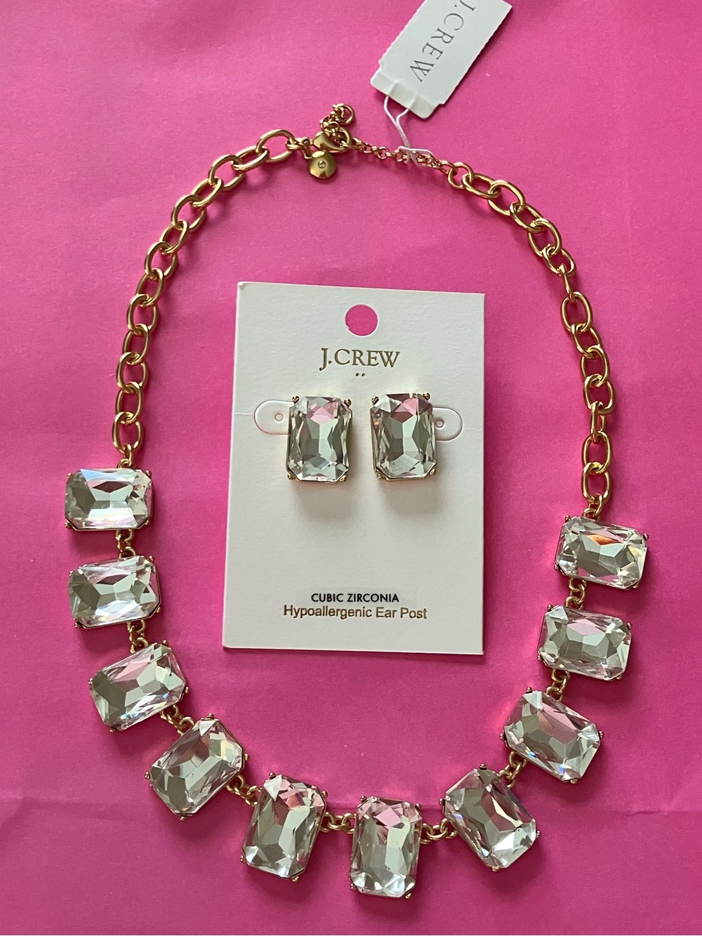 NWT J.Crew Emerald Cut Crystal Rhinestone Statement Necklace & Earrings Set